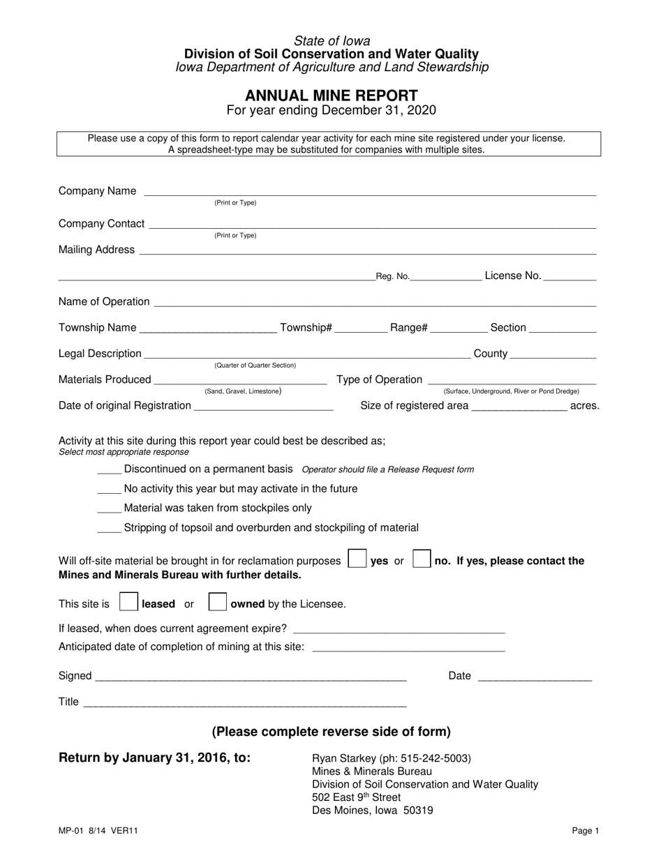 Form MP-01 Annual Mine Report - Iowa, Page 1