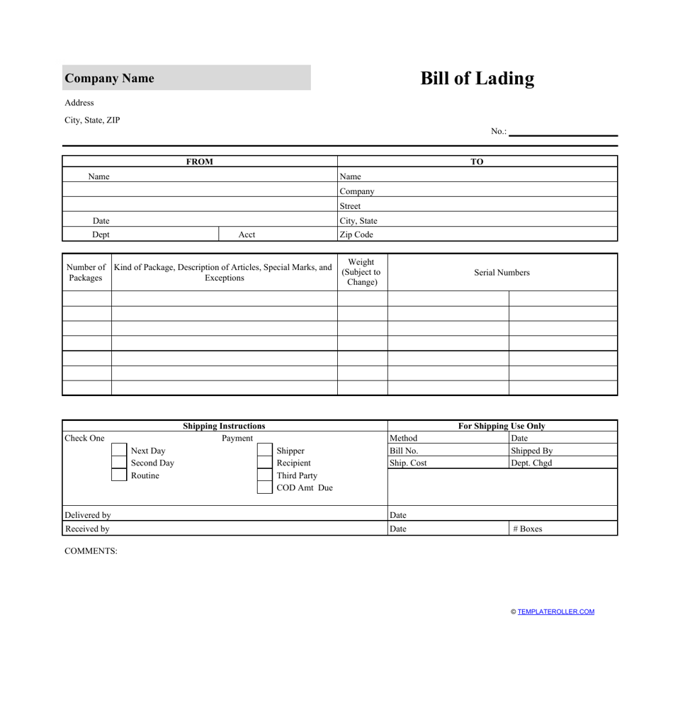 Bill of Lading Template Download Printable PDF  Templateroller