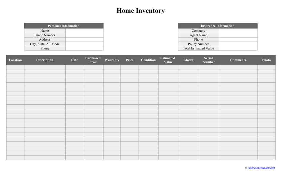 excel home inventory template change room names