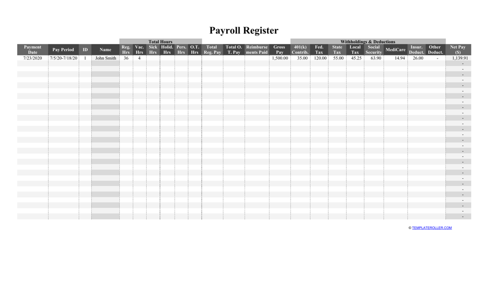 Payroll Register Template, Page 1