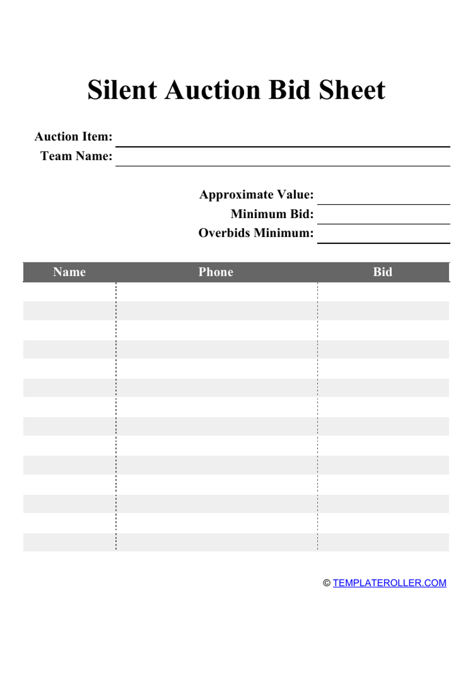 Silent Auction Bid Sheet Template, Page 1