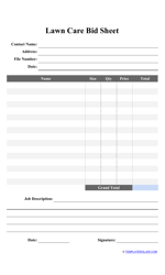Document preview: Lawn Care Bid Sheet Template