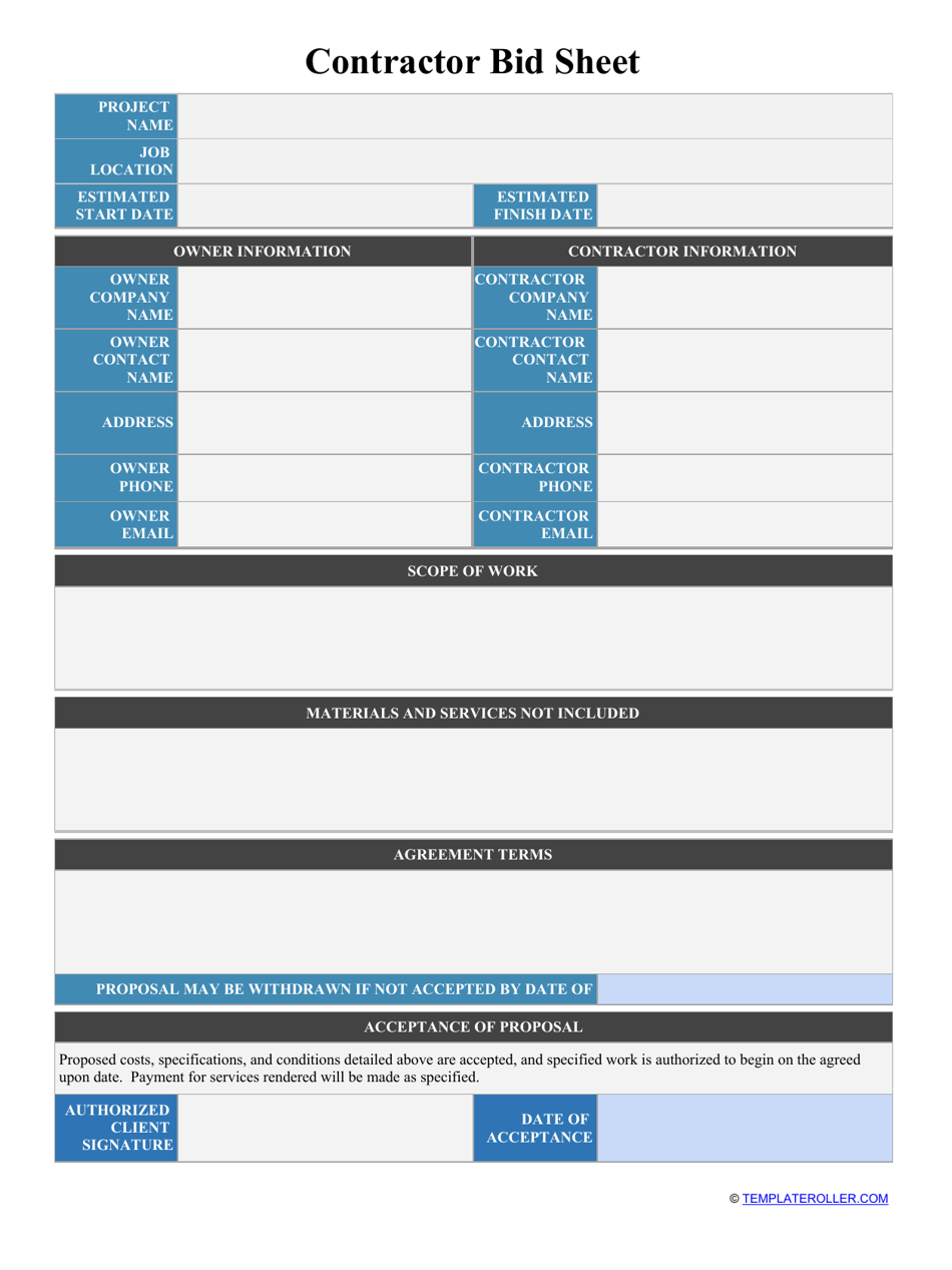 Contractor Bid Sheet Template, Page 1