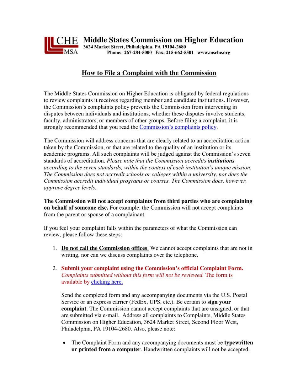 Middle States Commission on Higher Education - Filing a Complaint with the Commission