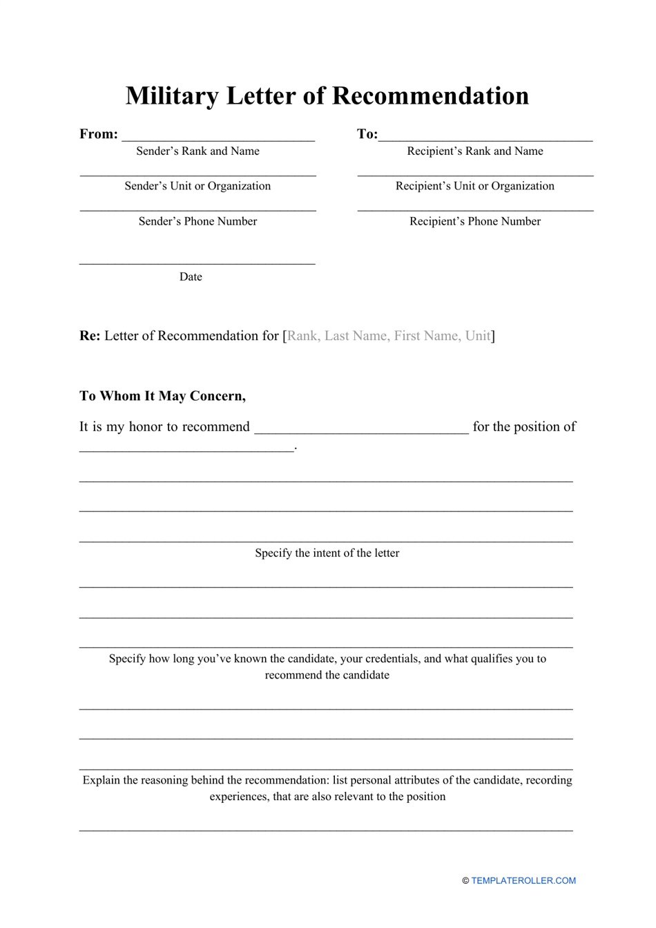 Military Letter Of Recommendation Template Download Printable Pdf