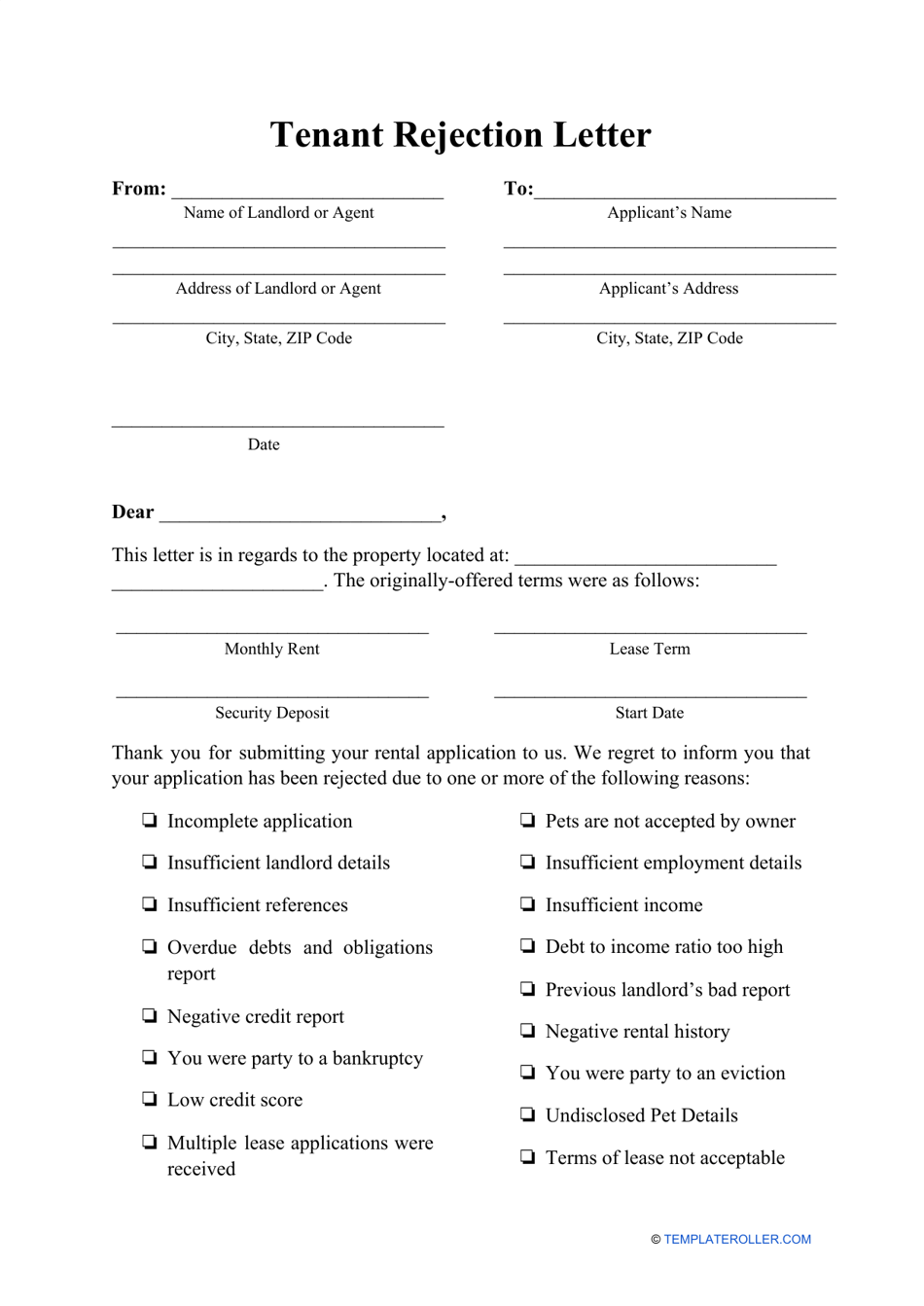 Tenant Rejection Letter Template Download Printable PDF Templateroller