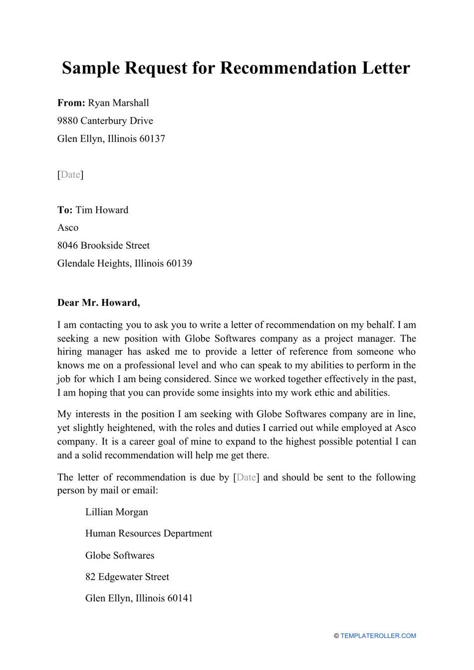 Request for Recommendation Letter - Template Preview