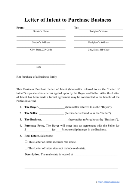 Letter of Intent to Purchase Business Template Download Pdf
