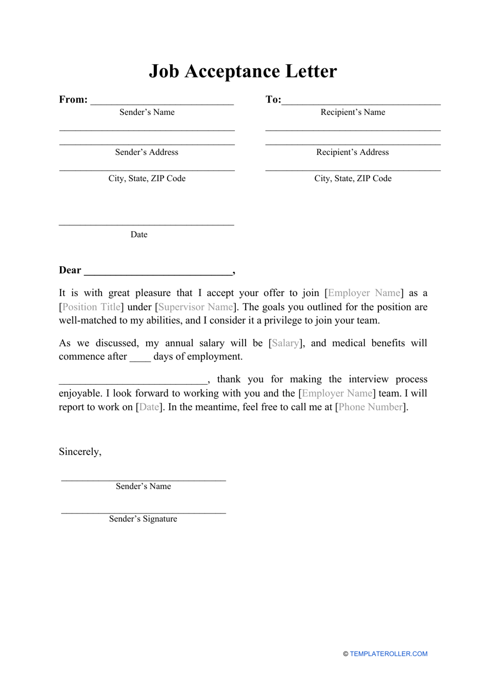 Job Acceptance Letter Template Download Printable PDF | Templateroller