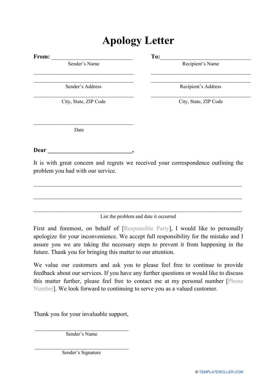 Apology Letter Template Download Printable PDF Templateroller