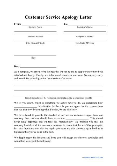"Customer Service Apology Letter Template" Download Pdf