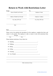 Document preview: Return to Work With Restrictions Letter Template