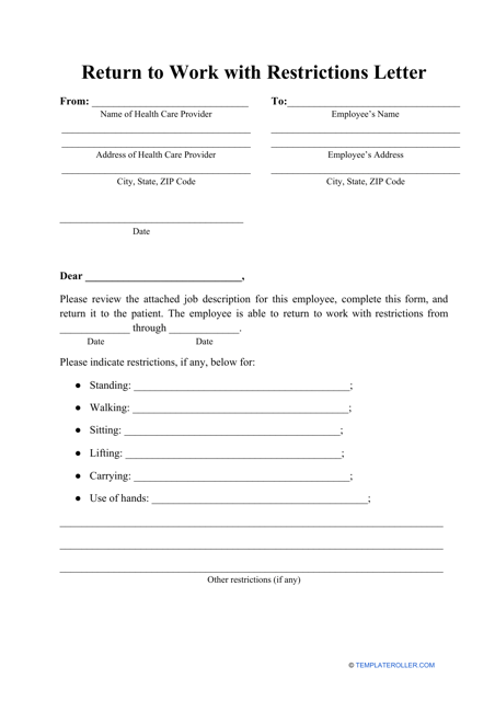 "Return to Work With Restrictions Letter Template" Download Pdf