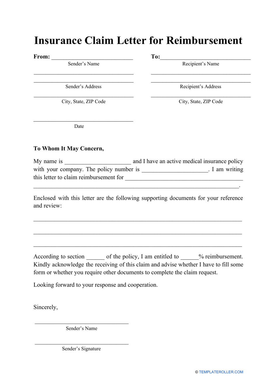 Insurance Claim Letter For Reimbursement Template Download Printable Pdf Templateroller