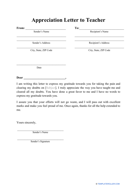 "Appreciation Letter to Teacher Template" Download Pdf