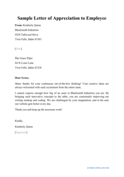 Document preview: Sample Letter of Appreciation to Employee