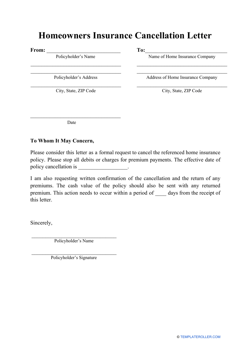 Homeowners Insurance Cancellation Letter Template Download Printable 