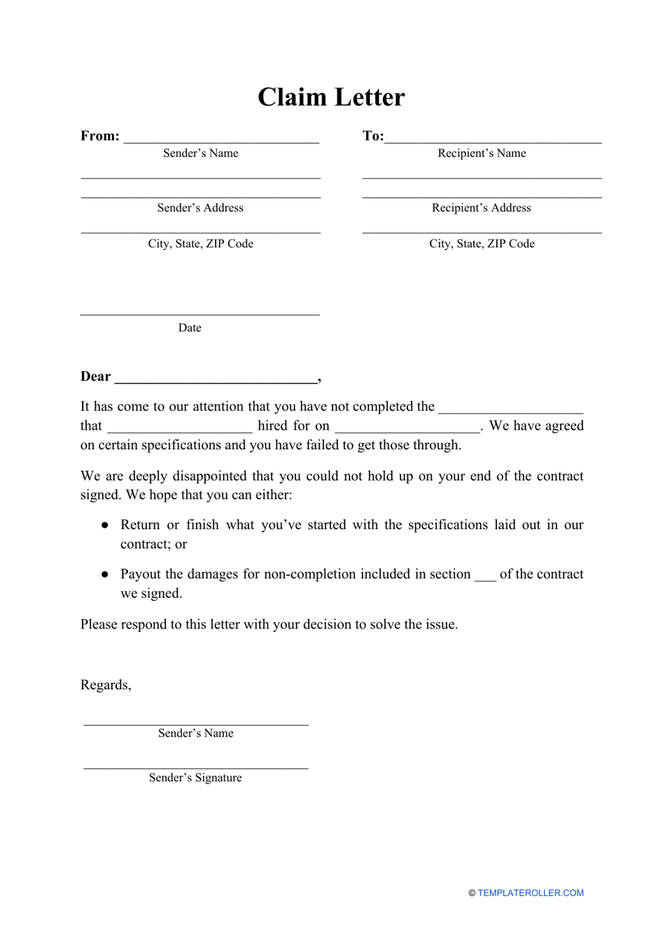 Claim Letter Template - Document Preview