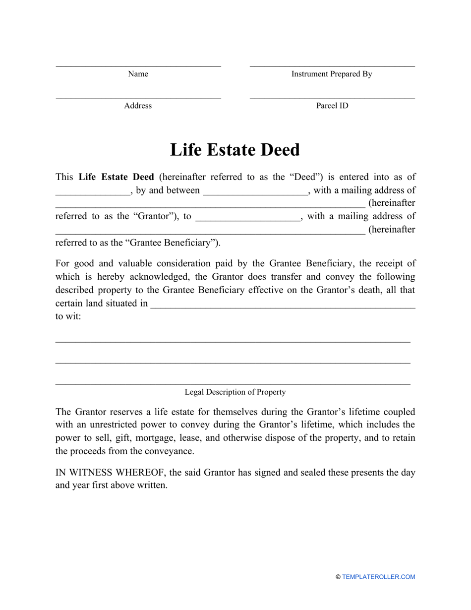 Life Estate Deed Form, Page 1