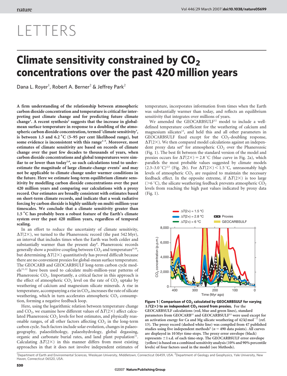 Climate Sensitivity Constrained by CO2 Concentrations over the Past 420 Million Years Preview Image