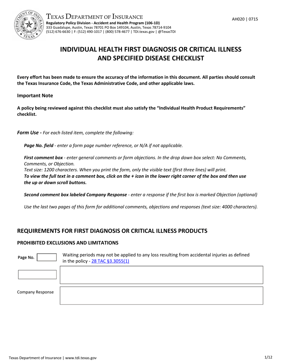Form AH020 - Fill Out, Sign Online and Download Fillable PDF, Texas ...