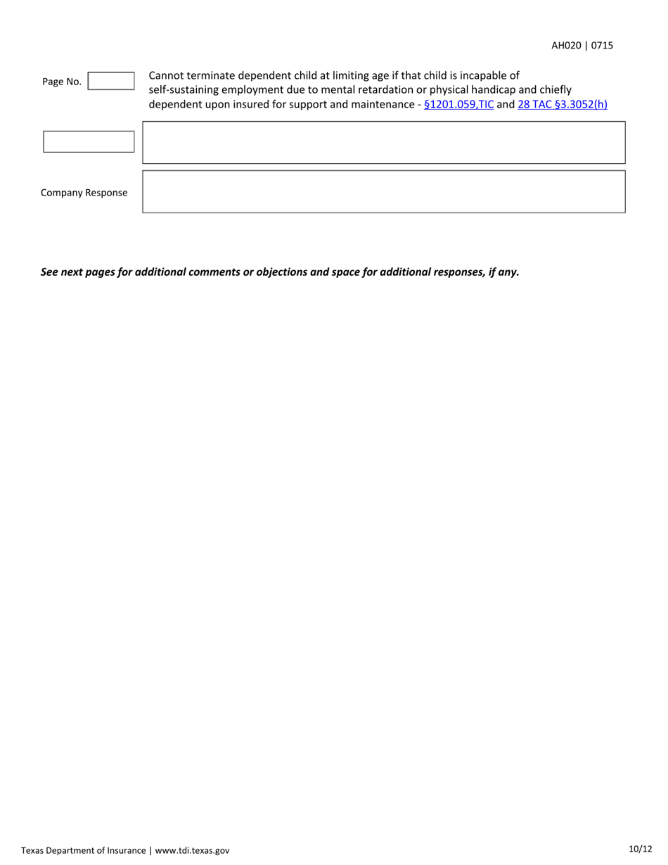 Form AH020 Individual Health First Diagnosis or Critical Illness and Specified Disease Checklist - Texas, Page 10
