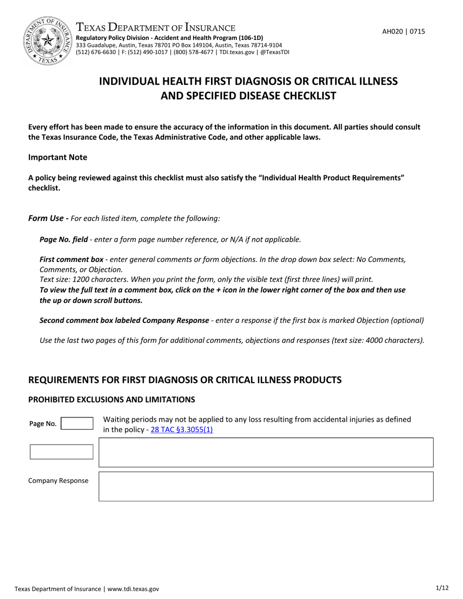 Form AH020 Individual Health First Diagnosis or Critical Illness and Specified Disease Checklist - Texas, Page 1