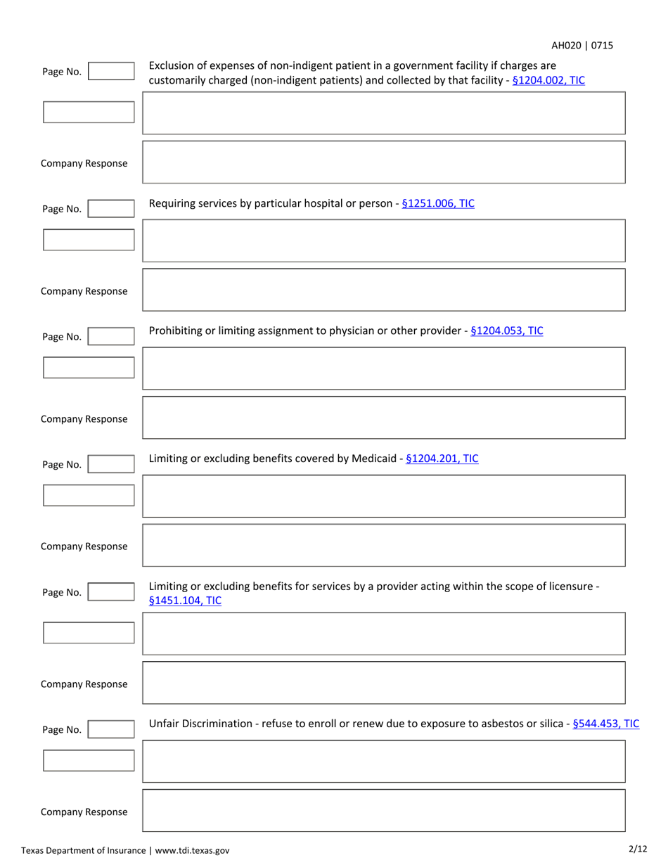 Form AH020 Individual Health First Diagnosis or Critical Illness and Specified Disease Checklist - Texas, Page 2