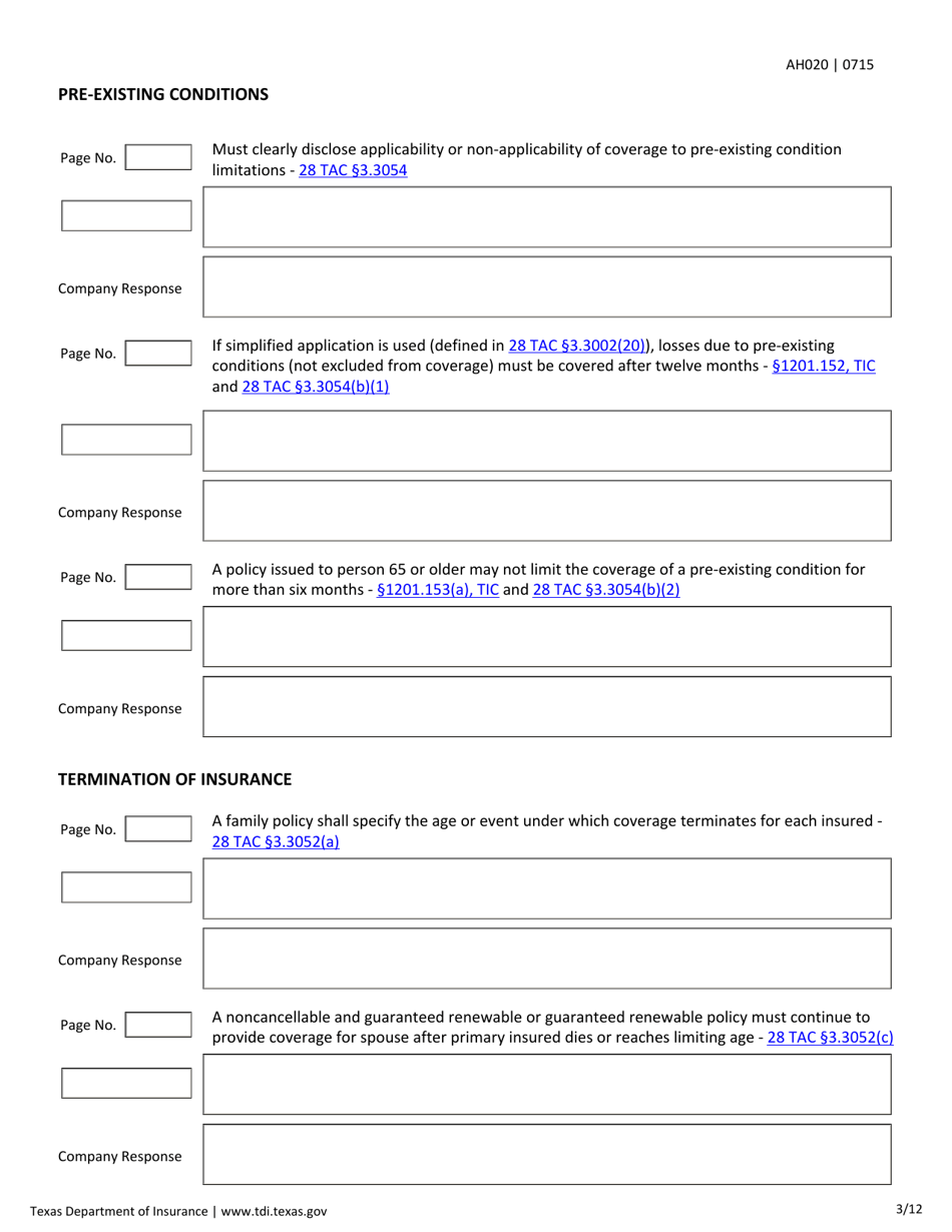 Form AH020 Individual Health First Diagnosis or Critical Illness and Specified Disease Checklist - Texas, Page 3