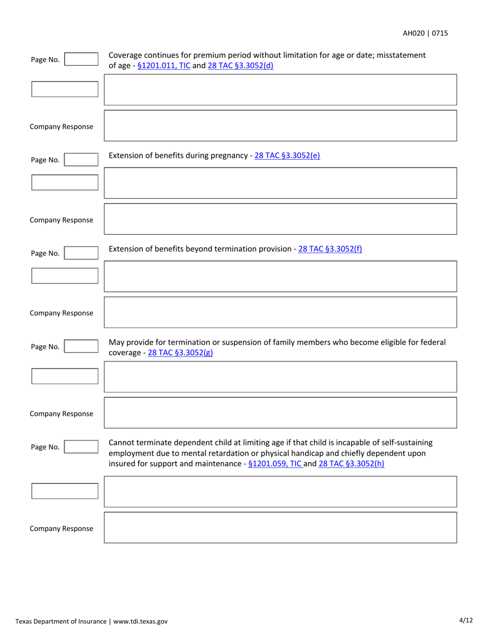 Form AH020 Individual Health First Diagnosis or Critical Illness and Specified Disease Checklist - Texas, Page 4