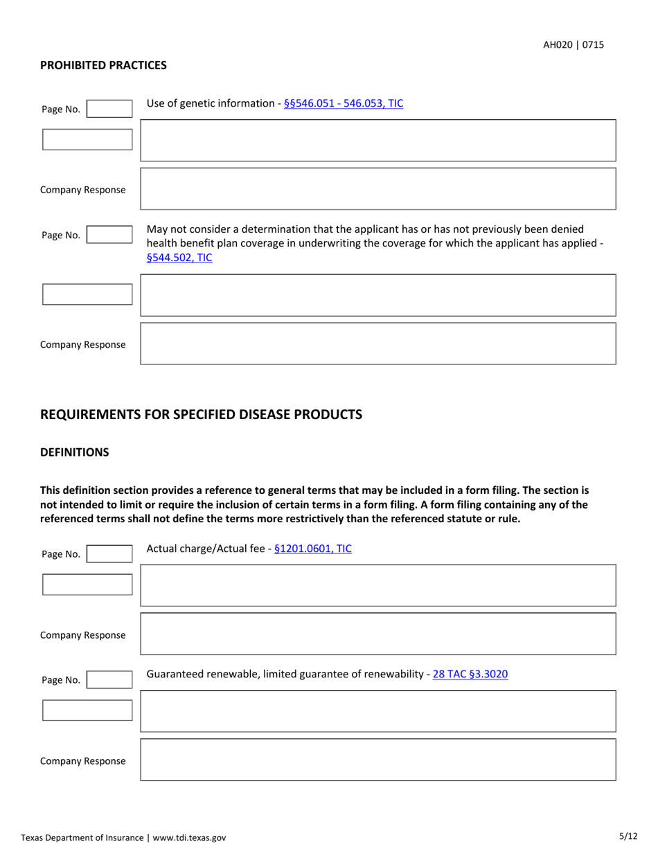 Form AH020 Individual Health First Diagnosis or Critical Illness and Specified Disease Checklist - Texas, Page 5