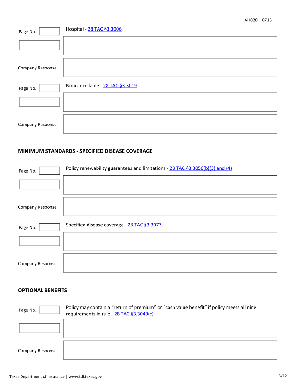 Form AH020 Individual Health First Diagnosis or Critical Illness and Specified Disease Checklist - Texas, Page 6