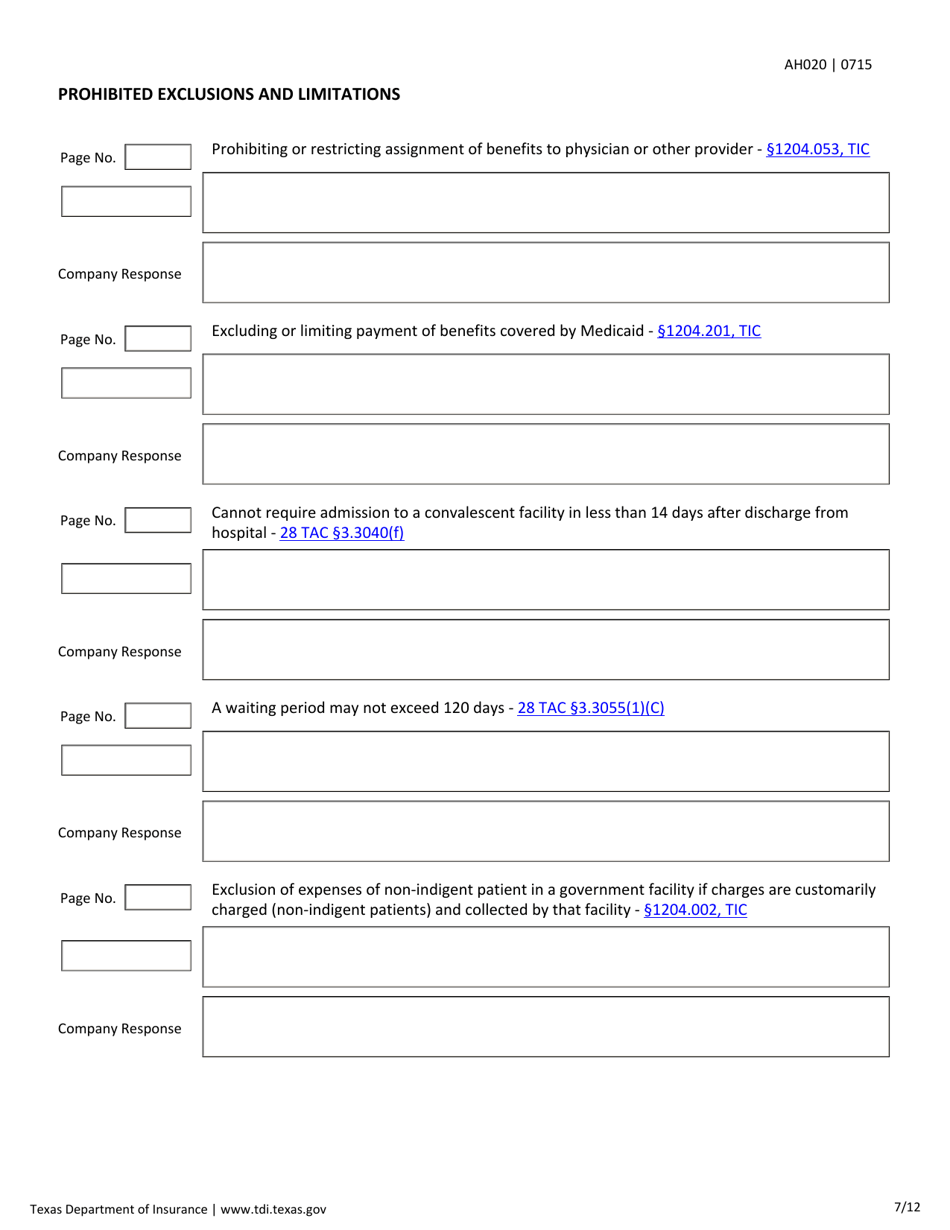 Form AH020 Individual Health First Diagnosis or Critical Illness and Specified Disease Checklist - Texas, Page 7