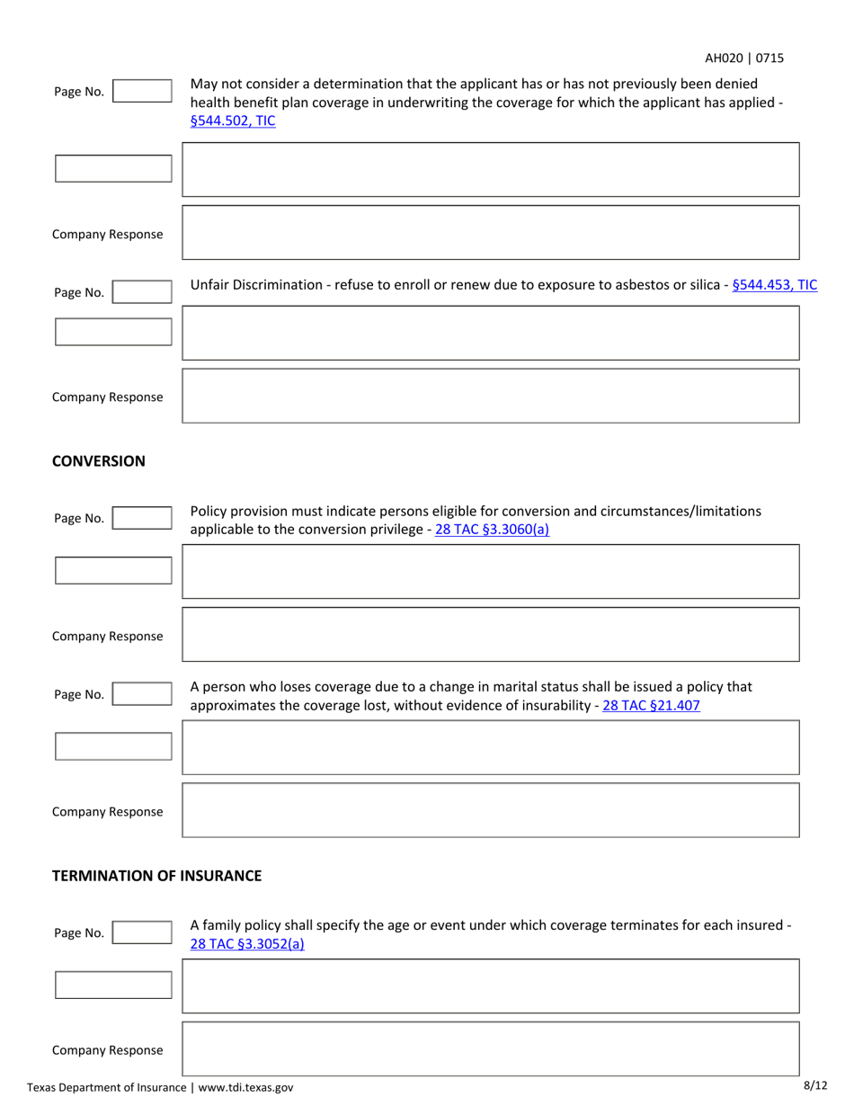Form AH020 Individual Health First Diagnosis or Critical Illness and Specified Disease Checklist - Texas, Page 8