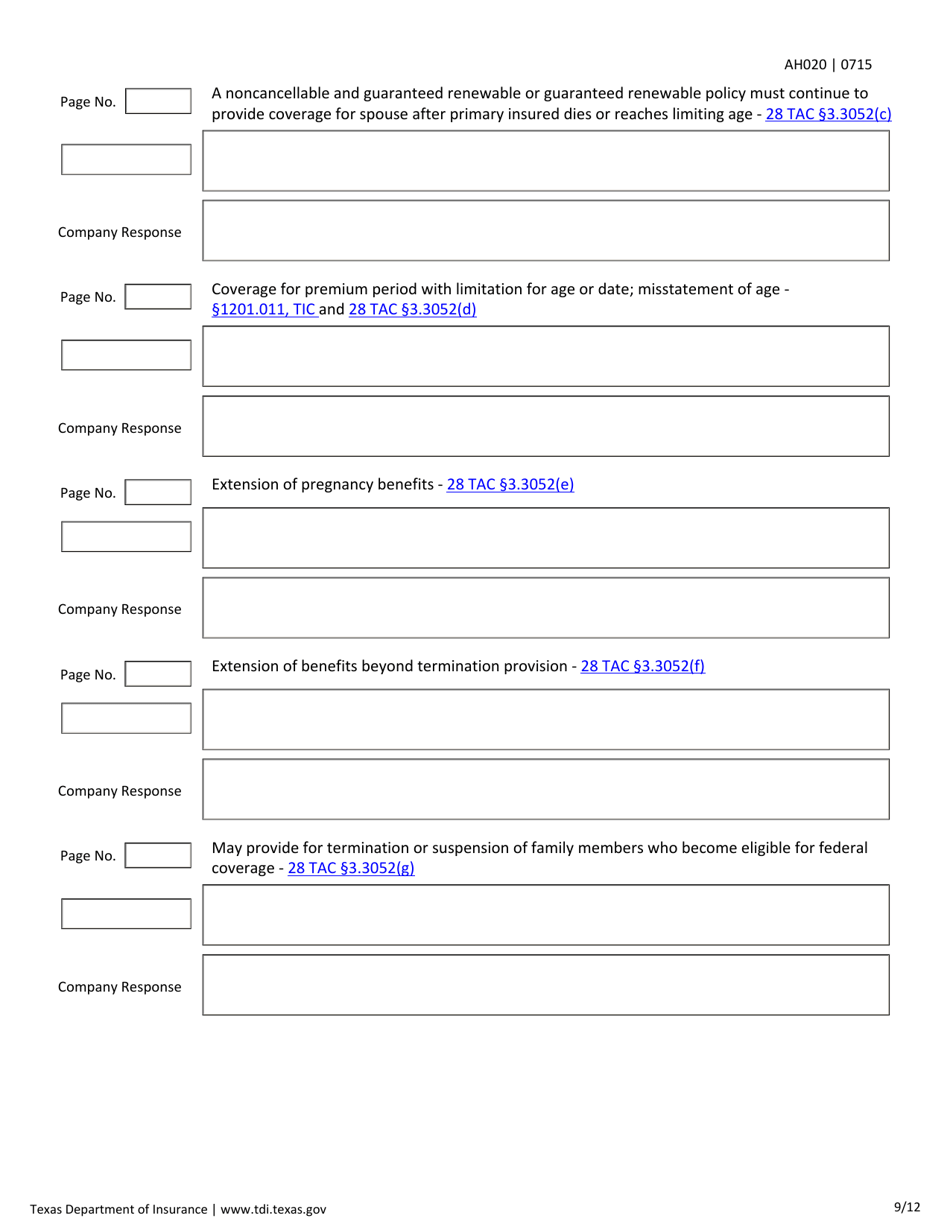 Form AH020 Individual Health First Diagnosis or Critical Illness and Specified Disease Checklist - Texas, Page 9