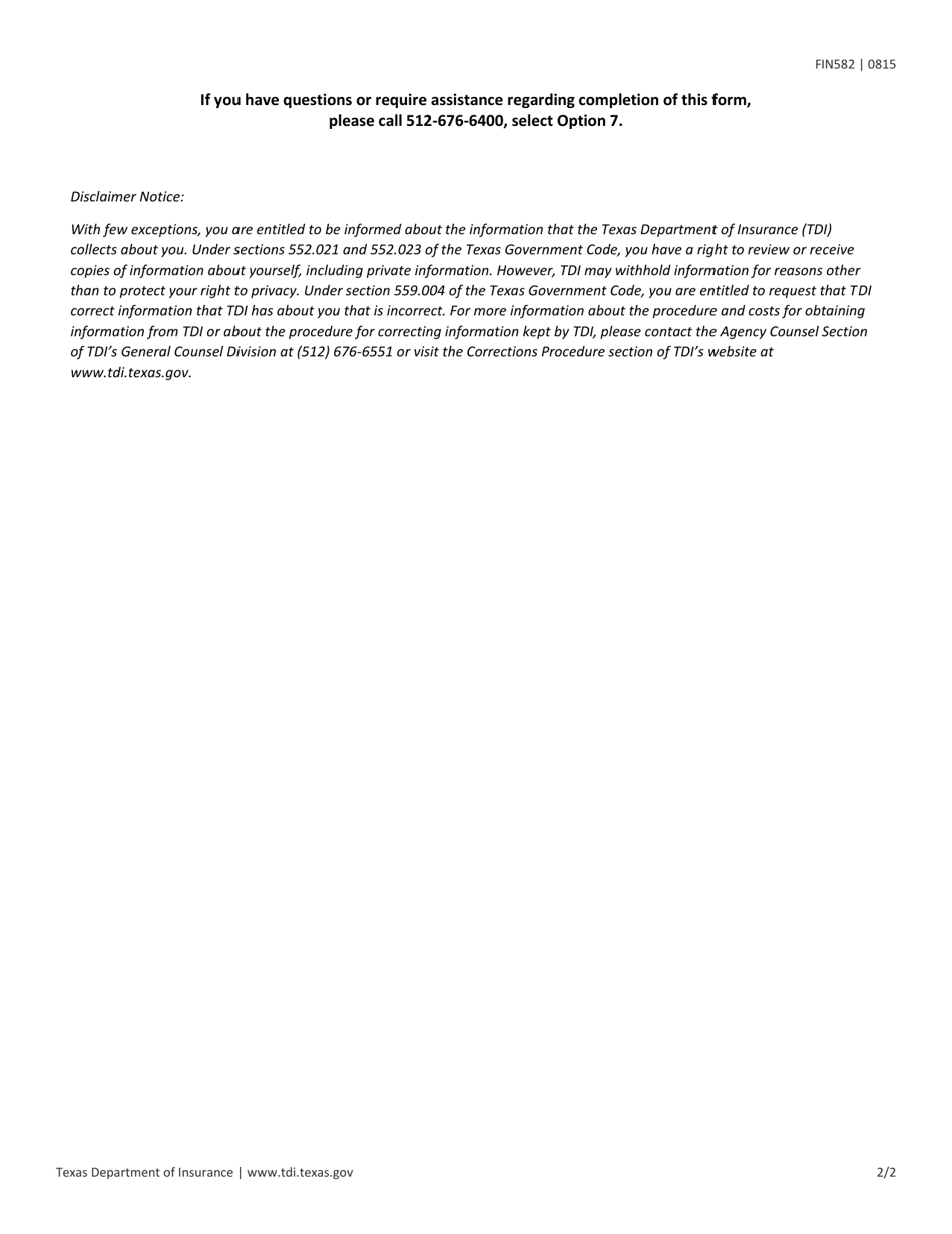 Form FIN582 Certification of Independence and Qualifications of the Reviewer - Texas, Page 2