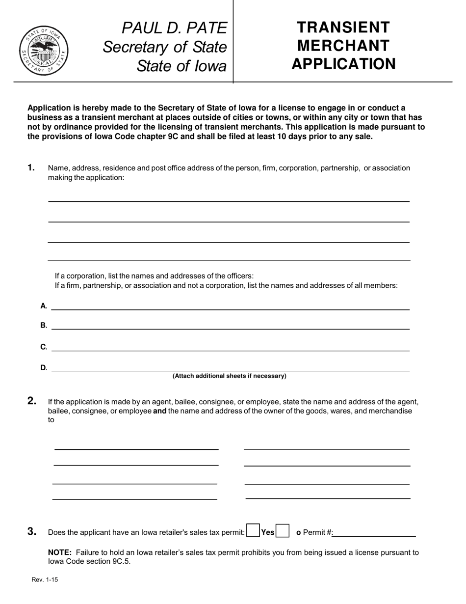 Transient Merchant Application - Iowa, Page 1