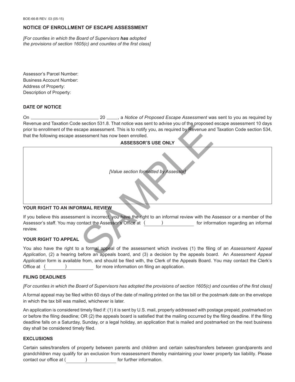 Form BOE-66-B Notice of Enrollment of Escape Assessment - California, Page 1