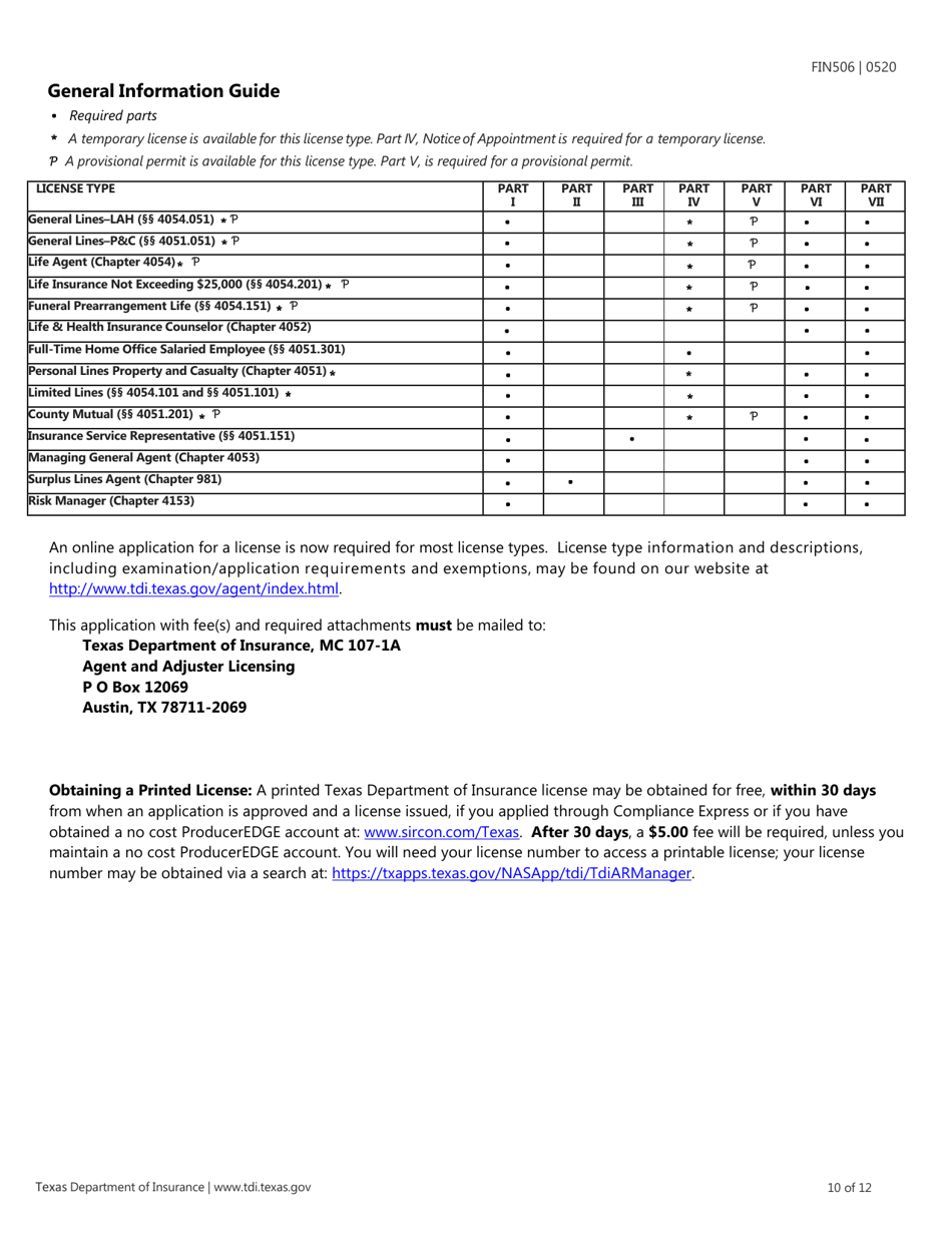 Form FIN506 Application for Individual Agent License - Texas, Page 10