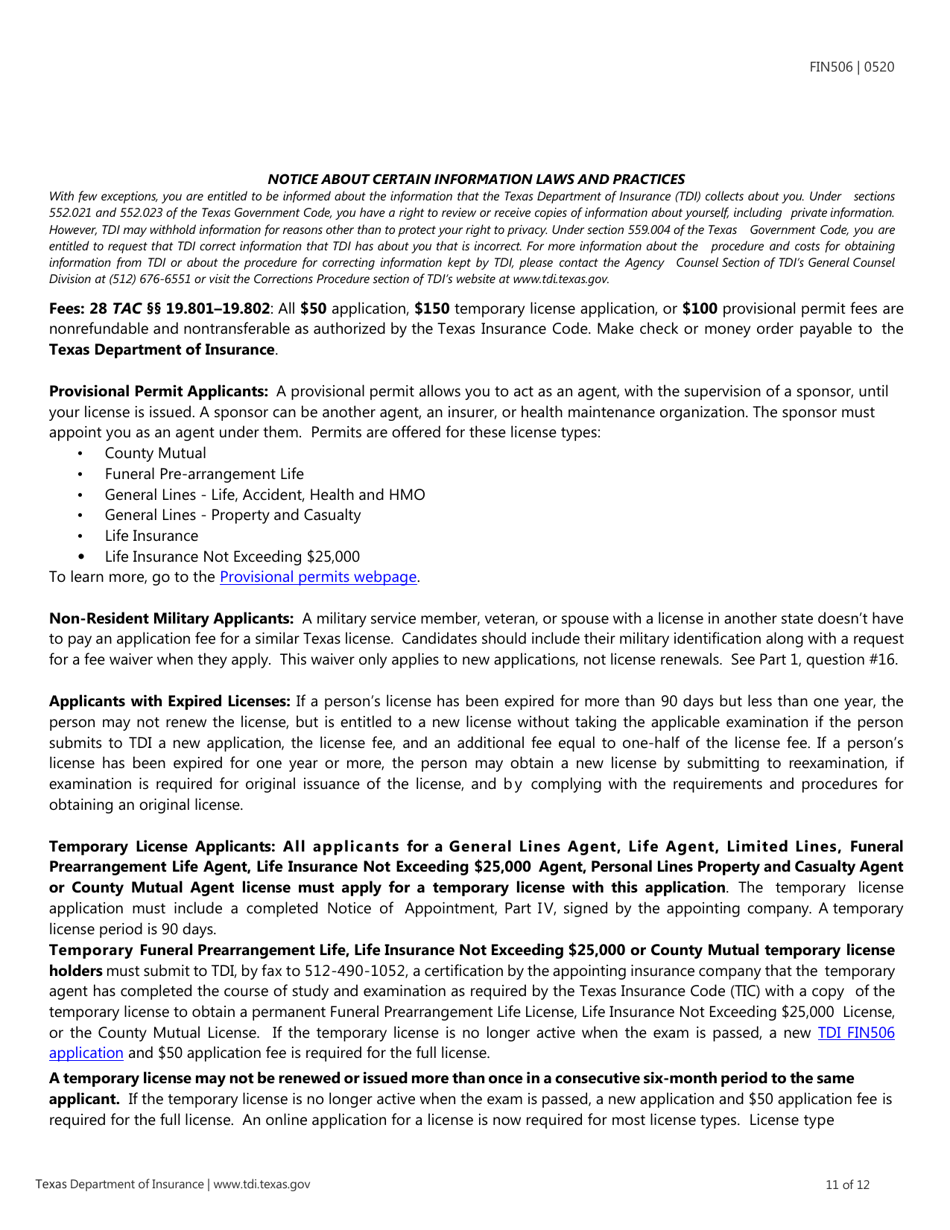 Form FIN506 Application for Individual Agent License - Texas, Page 11