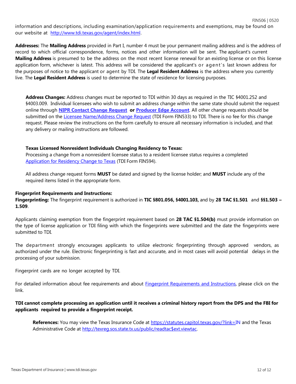 Form FIN506 Application for Individual Agent License - Texas, Page 12