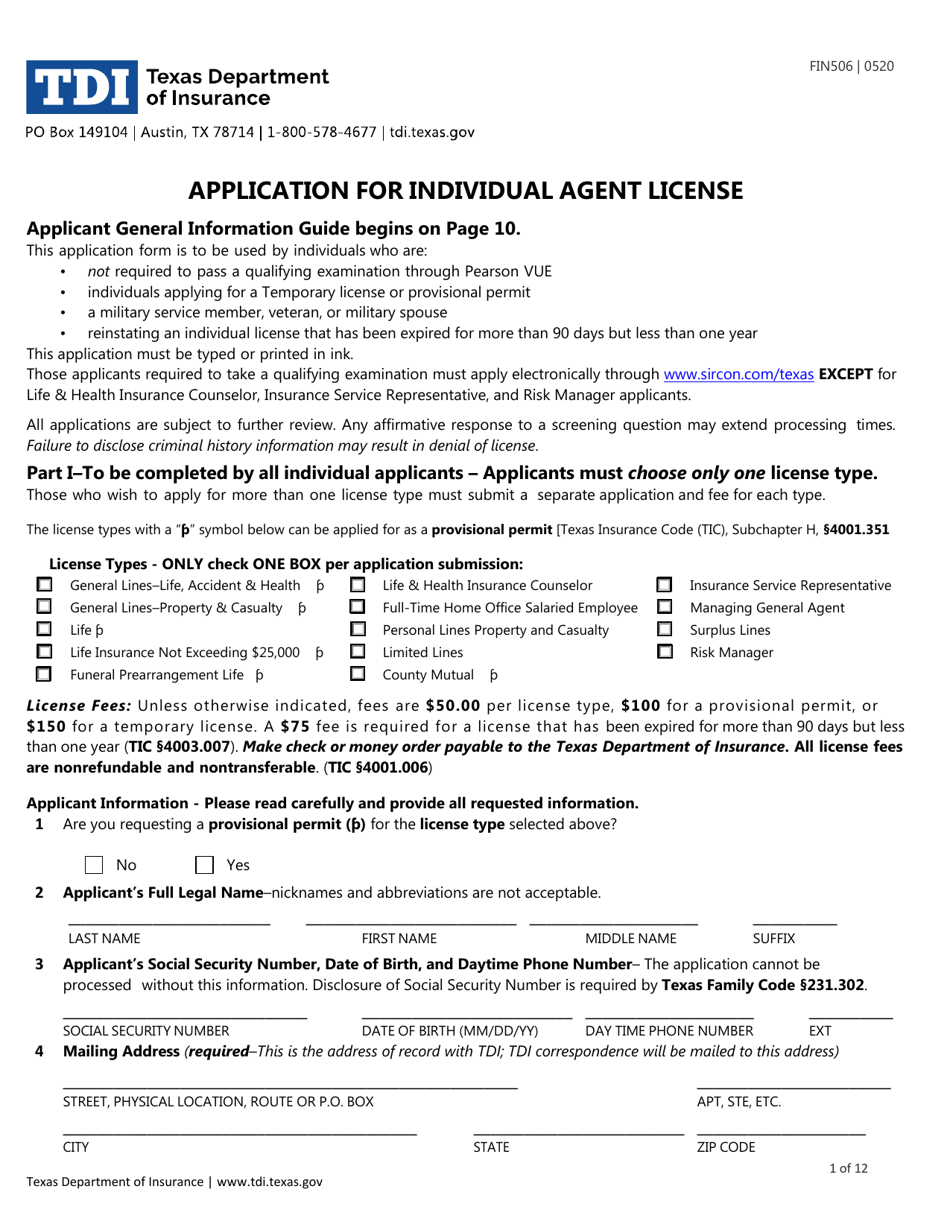 Form FIN506 Application for Individual Agent License - Texas, Page 1