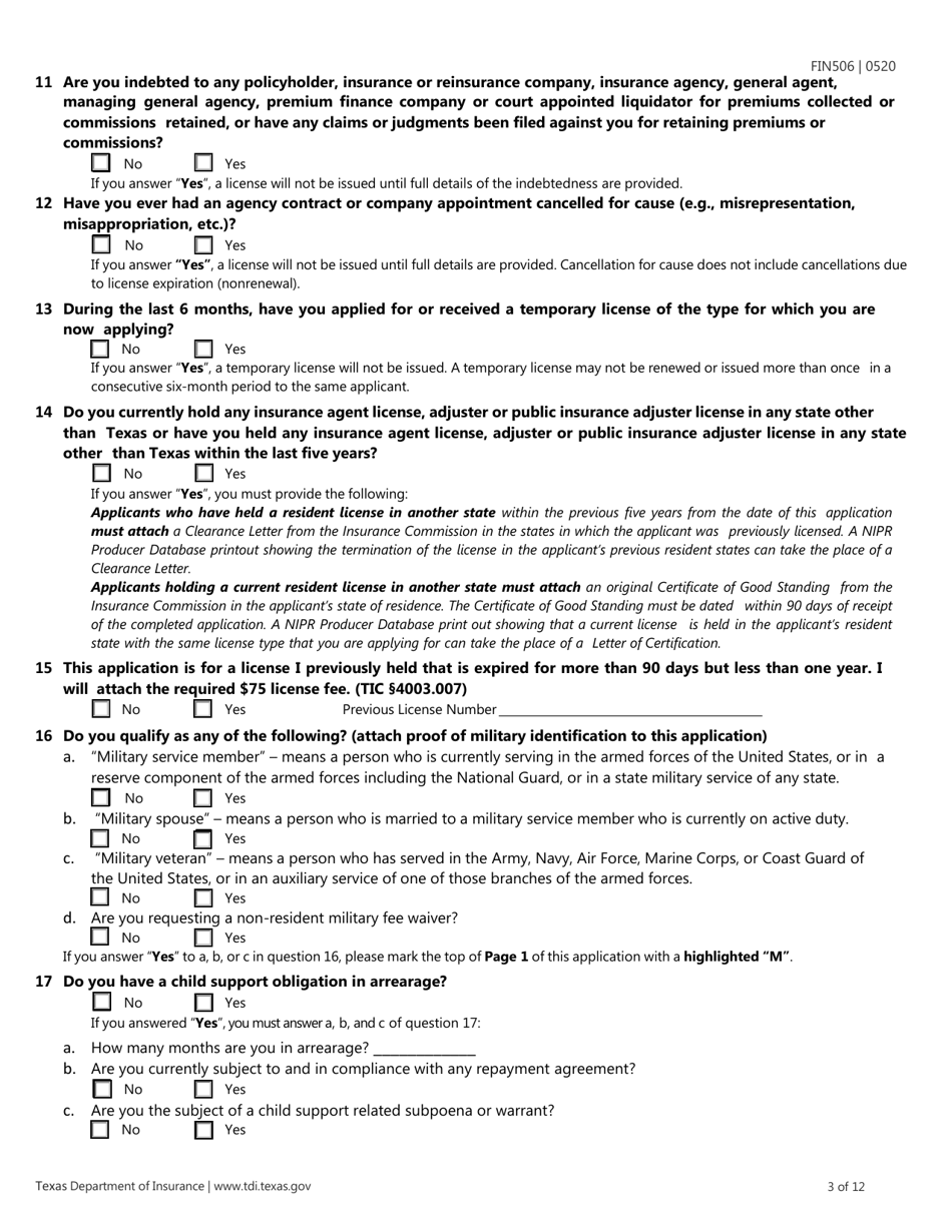 Form FIN506 Application for Individual Agent License - Texas, Page 3