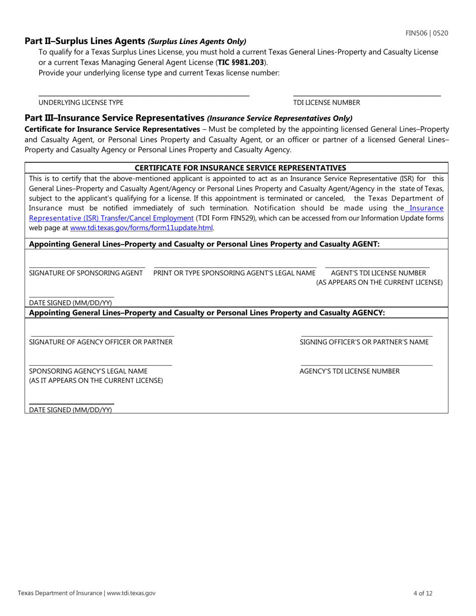 Form FIN506 Application for Individual Agent License - Texas, Page 4