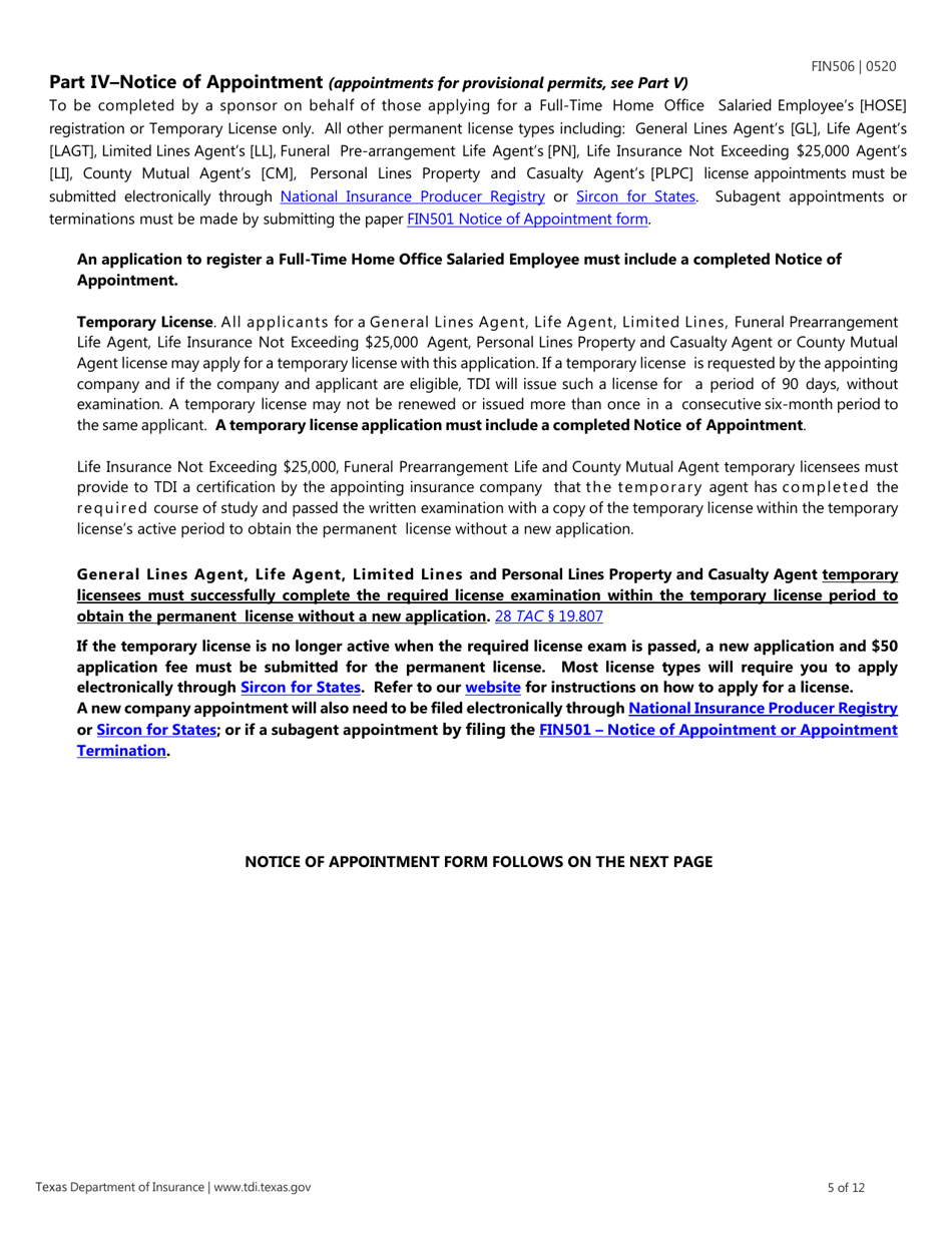 Form FIN506 Application for Individual Agent License - Texas, Page 5