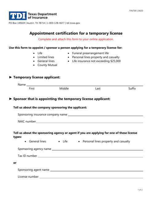 Form FIN700  Printable Pdf