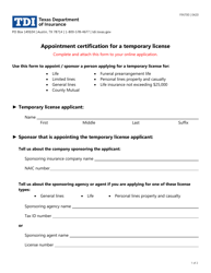 Form FIN700 Appointment Certification for a Temporary License - Texas