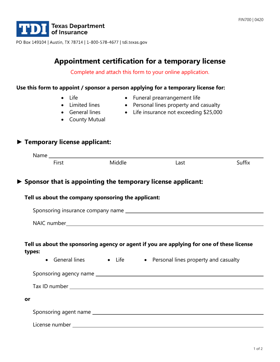 Form FIN700 Appointment Certification for a Temporary License - Texas, Page 1