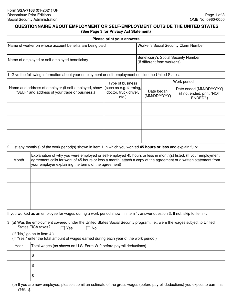 Form SSA7163 Download Fillable PDF or Fill Online Questionnaire About