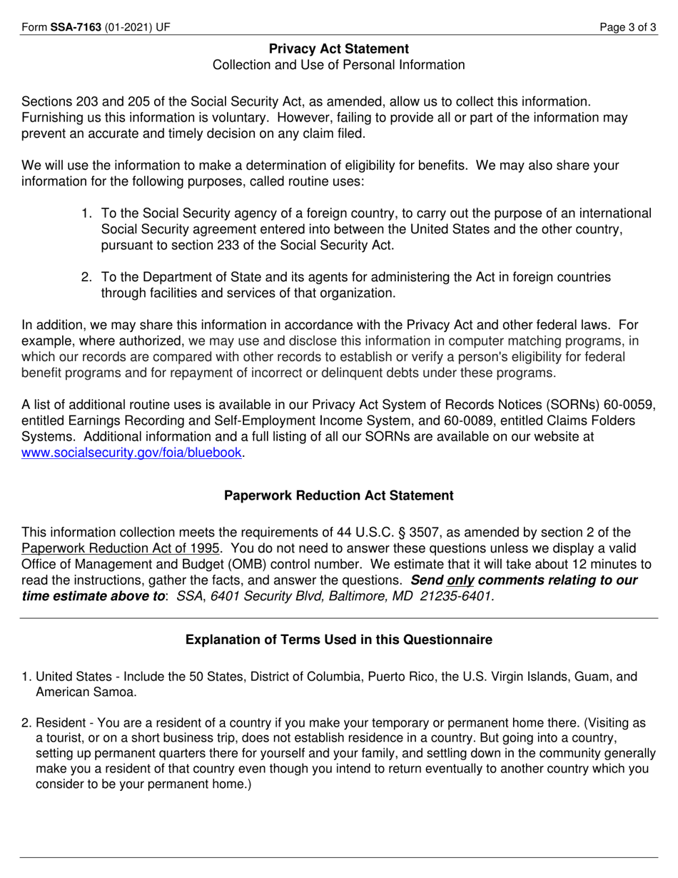 Form SSA-7163 Questionnaire About Employment or Self-employment Outside the United States, Page 3
